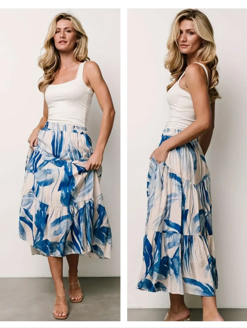 Baltic Born Hailee Tiered Midi Skirt Blue White Abstract Print Size 1XL